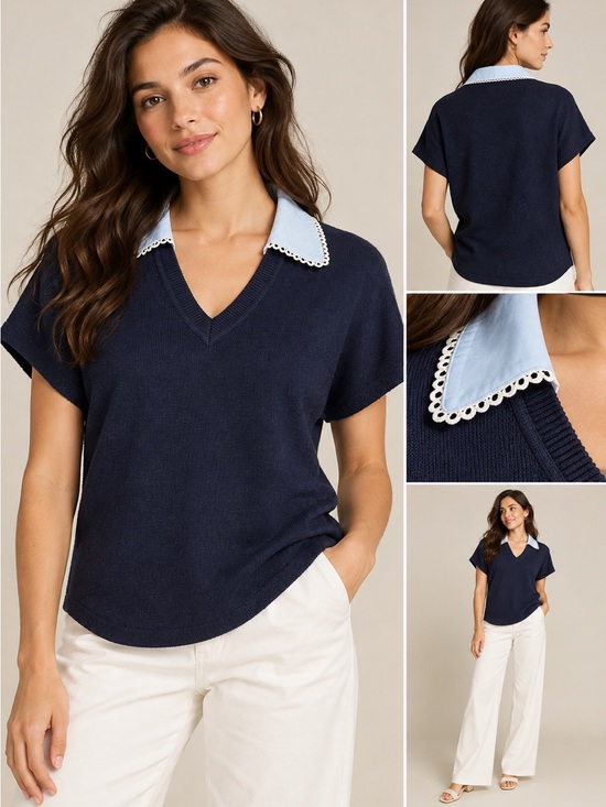 La Vila Milano Sweaters - La Vila Milano Womens M Navy Knit Polo Top Blue Contrast Collar Preppy
